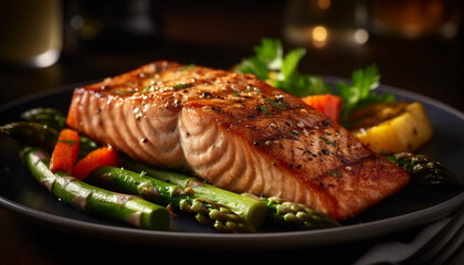 Grilled salmon fillet with asparagus, a gourmet healthy meal generated by AI