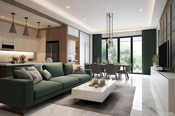 An inviting living room with a minimalist and elegant design. The room features an open kitchen concept, with kitchen cabinets in a light green shade.