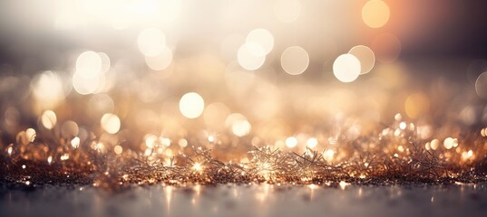 Shiny gold glitter and sparkle light bokeh christmas background. Generative AI technology.