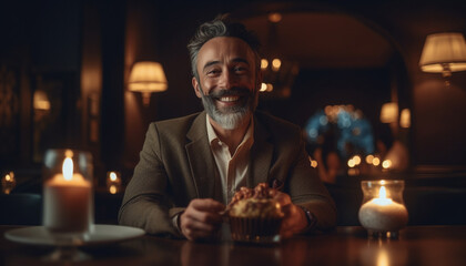 A joyful businessman enjoys dessert by candlelight in luxury home generated by AI