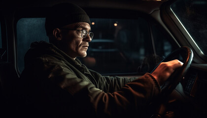 One man driving car at night, looking through eyeglasses generated by AI