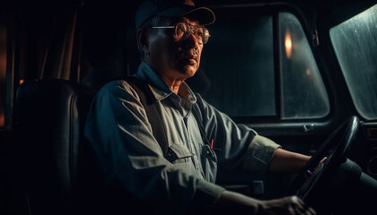 Senior man driving car at night, serious concentration on wheel generated by AI