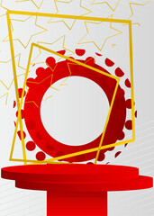 Red, yellow and white realistic stage showcase for presentation. Abstract Mockup minimal geometric forms, empty scene. Futuristic product display, cylinder pedestal podium.