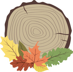 Wooden cut with Autumn leaves in isolated background.
