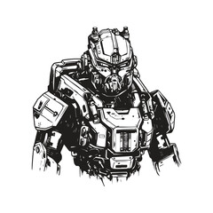 science fiction military robot warrior, vintage logo line art concept black and white color, hand drawn illustration © Artcuboy
