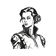 science fiction female hero, vintage logo line art concept black and white color, hand drawn illustration