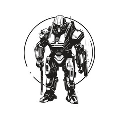 science fiction military robot warrior, vintage logo line art concept black and white color, hand drawn illustration