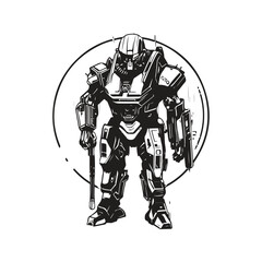 science fiction military robot warrior, vintage logo line art concept black and white color, hand drawn illustration © Artcuboy