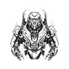 science fiction military robot warrior, vintage logo line art concept black and white color, hand drawn illustration © Artcuboy