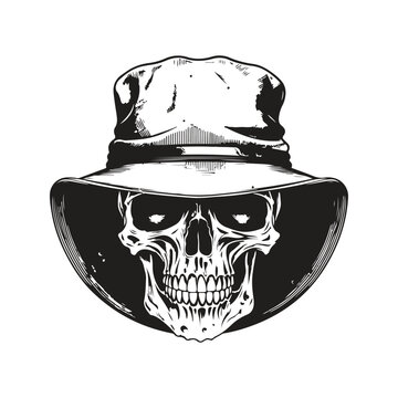 skull in bucket hat, vintage logo line art concept black and white color, hand drawn illustration