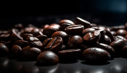 Dark coffee bean stack, close up shot, fresh aroma fills space generated by AI
