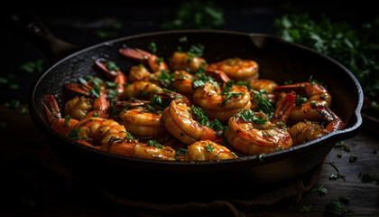 Grilled seafood plate prawns, scampi, and fish with vegetables generated by AI