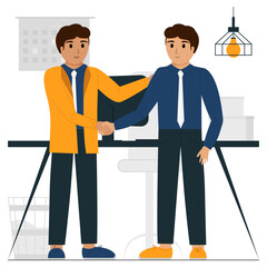 Handshake. Two men have signed a contract and are shaking hands. Working area. Contract. Contract. Conclusion of the contract. Great deal. Vector flat illustration