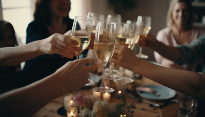 A joyful celebration with friends, drinking champagne and wine indoors generated by AI