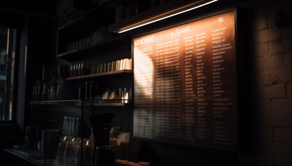 The modern bar illuminated shelves showcase luxury drinks and food generated by AI