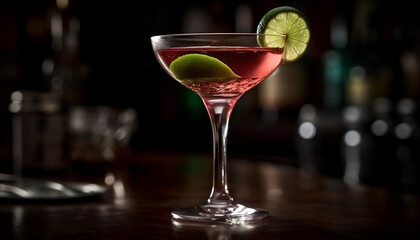 Elegant martini glass reflects green lime slice in upscale bar generated by AI