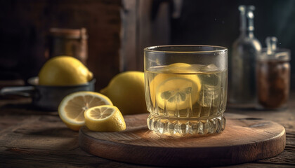 A fresh whiskey cocktail with lemon and ice on wood table generated by AI