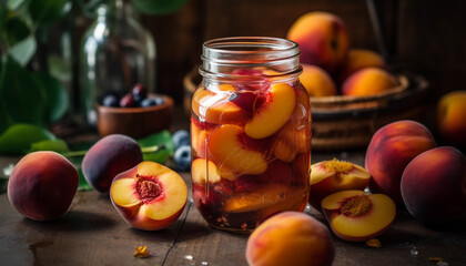 Juicy peach slice on rustic wood table, a refreshing snack generated by AI