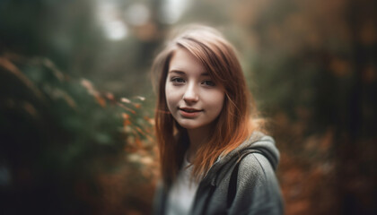 Obraz premium A carefree young woman smiling in nature beauty, confident and happy generated by AI