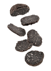 sliced black truffles on white background.