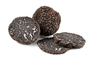 black truffles with slices on white background. - obrazy, fototapety, plakaty