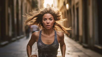 Naklejka premium young adult woman running fast through the street, side street, local, in a hurry, hurry, running fast. Generative AI