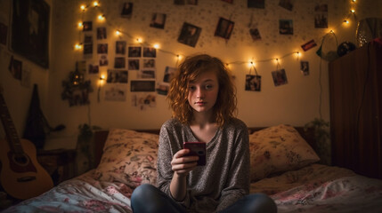 Obraz premium teen teenager girl writes a message with the smartphone mobile phone, at home in the children's room on the bed. Generative AI