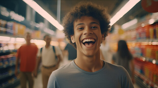 young adult man or teenager teen boy shopping for groceries in supermarket, shopping in local supermarket, indoor, fun and joy, being satisfied. Generative AI