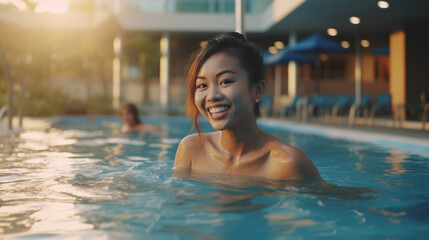 young adult woman, multiracial swims in swimming pool in water, tropical, fun and joy, beauty, slender, fictional location. Generative AI