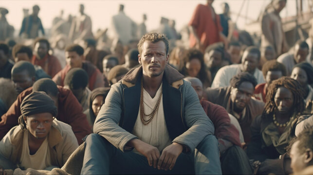 refugees arriving by sea on ships and boats, migration and waves of refugees, masses of people waiting and docking. Generative AI