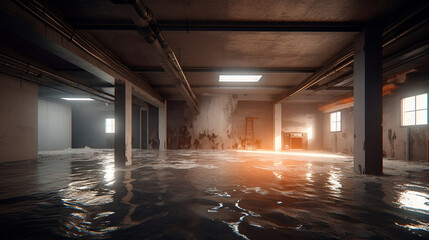 flooded abandoned room, abandoned house or flooded basement, basement full of water, climate change or burst water pipe. Generative AI