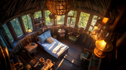luxurious tree house, living in nature in wooden house, tree and house. Generative AI
