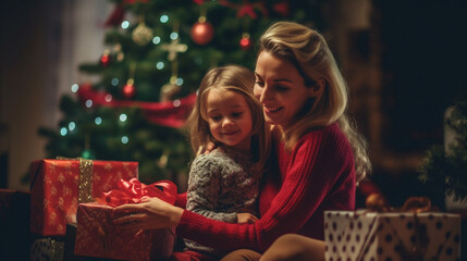 Fototapeta na wymiar mother mature adult woman and child little daughter girl on christmas with christmas gifts and christmas tree. Generative AI