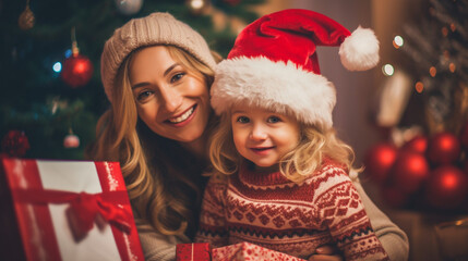 mother mature adult woman and child little daughter girl on christmas with christmas gifts and christmas tree. Generative AI