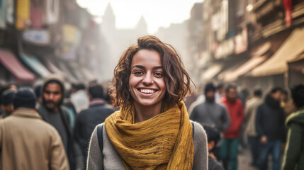 Young adult woman is on vacation or has emigrated, fictitious place, side street with local people in everyday life, discover real life, city trip and excursion, collect experiences. Generative AI