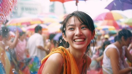 Songkran water festival Thailand, Young adult woman is on vacation or has emigrated, fictitious place. Generative AI