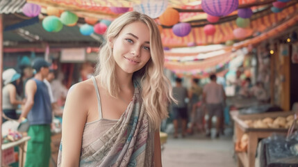 Obraz premium young adult woman on vacation in a local side street for tourists, shopping tour and city stroll, stroll through the city. Generative AI