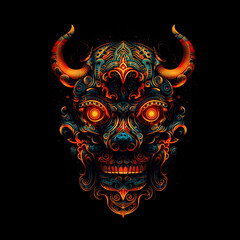 Image of cyberpunk bull mask with colorful patterns on black background. Wildlife Animals. Illustration. Generative AI.
