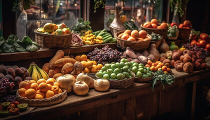 Abundance of fresh, organic vegetables and fruits in rustic basket generated by AI