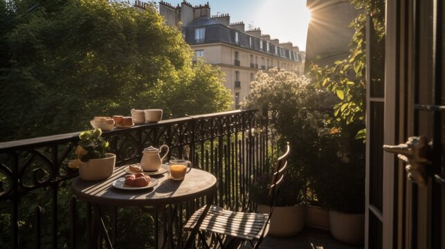 Breakfast on balcony during morning in paris terrace hotel. Generative AI AIG19.