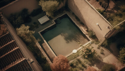 A tranquil scene of a formal garden at dusk generated by AI