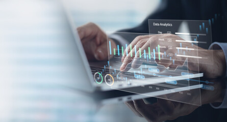 Businessman analyzing finance data analytics graph growth chart, using KPI Dashboard on virtual screen. Business data analysis, financial report, Businessplanning and strategy