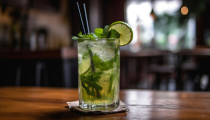A refreshing mojito cocktail with lime, mint, and soda generated by AI