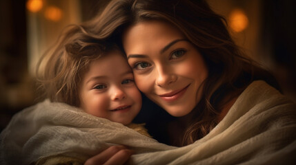 adult woman with a smile with her daughter, girl, snuggled up cozy in bed, mother's love. Generative AI