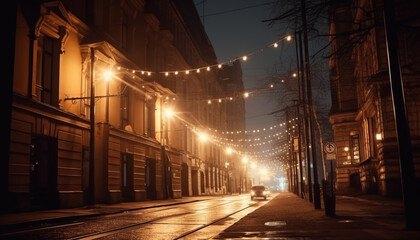 The illuminated city street, decorated with Christmas lights, glows yellow generated by AI