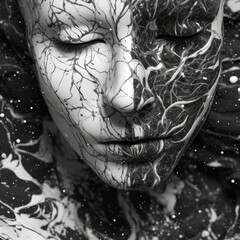 Close up on a woman face slupted in dripping melting paint texture, generative ai illustration