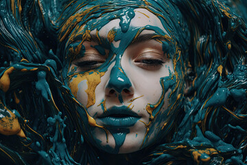 Close up on a woman face slupted in dripping melting paint texture, generative ai illustration