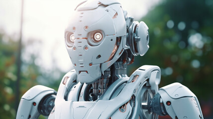 Fototapeta premium robot, male robot is a machine a robot, humanoid android with artificial intelligence, outside outdoors. Generative AI