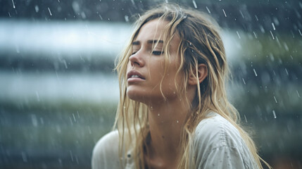 Fototapeta na wymiar woman in rainy weather with rain, raindrops, humble or sad, angry or highly emotional, young adult woman, caucasian, 20s, fictional reason, close-up. Generative AI