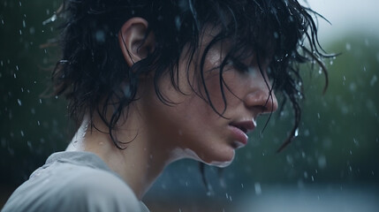 woman in rainy weather with rain, raindrops, humble or sad, angry or highly emotional, young adult woman, caucasian, 20s, fictional reason, close-up. Generative AI
